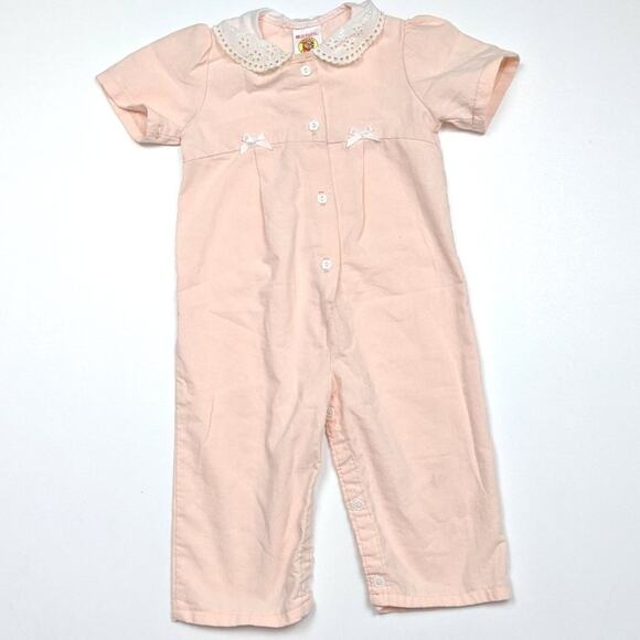 Vintage Winnie the Pooh Romper Jumpsuit Baby Girls Size 12m Peach - Picture 1 of 3